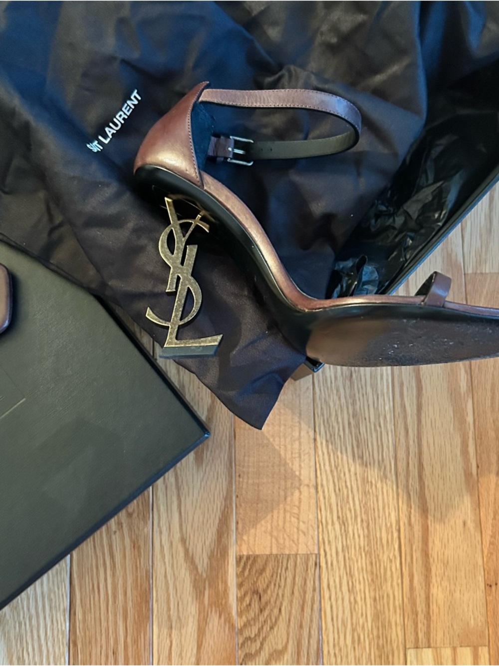 Saint Laurent Brown Leather Ankle-Strap Sandals with Gold YSL Heel